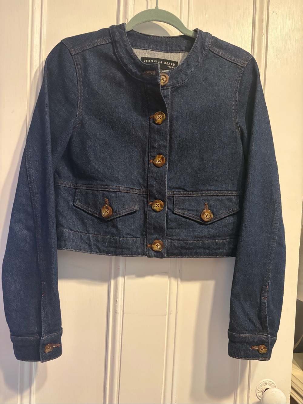 Veronica Beard Navy Cropped Denim Jacket with Wood Buttons